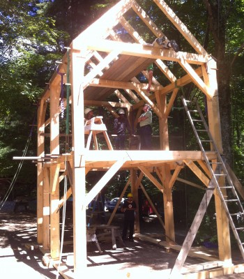 Front view of two-story timber frame.
