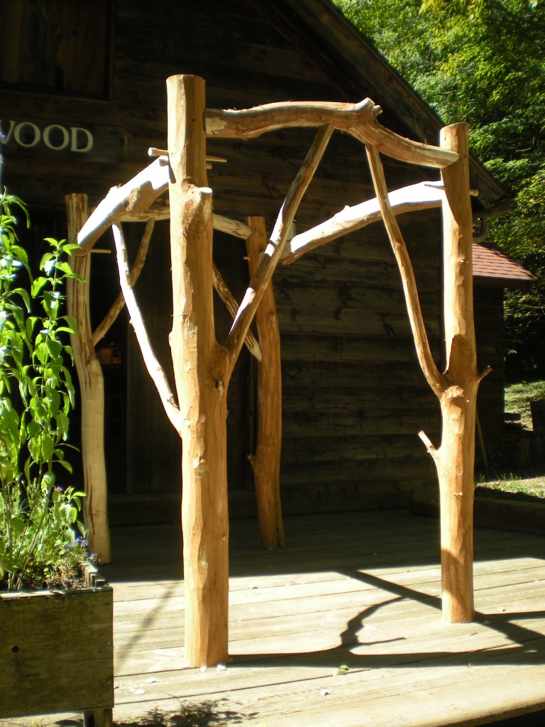 Scribed arbor for growing hops, peas, etc.